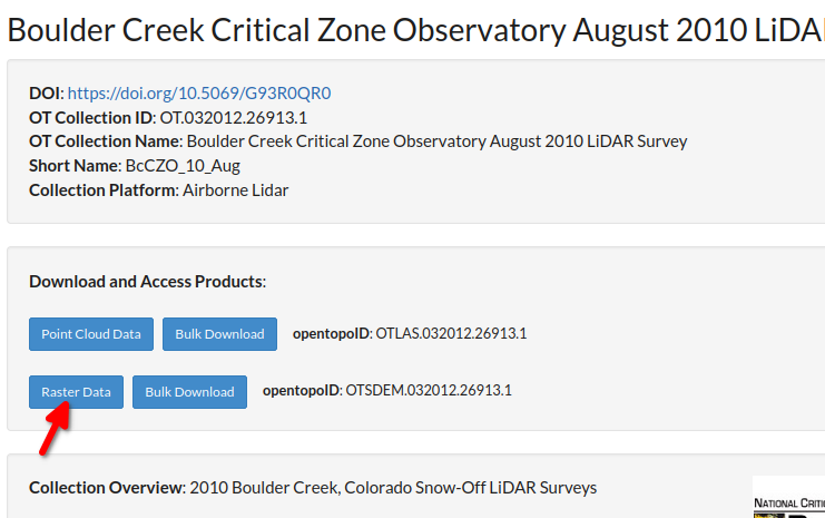 A screenshot of a dataset info page, with the Raster Data button highlighted