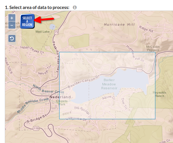 A screenshot of a map with the Select A Region button highlighted and a sample region selected