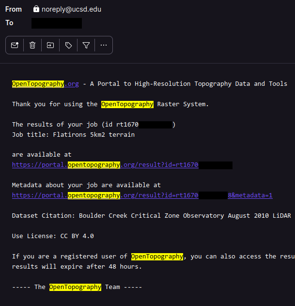 An email from UCSD.edu containing details about a completed export job