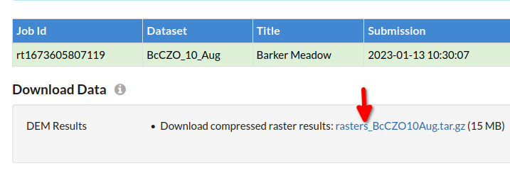 A download page for a completex export job, with the raster download link highlighted