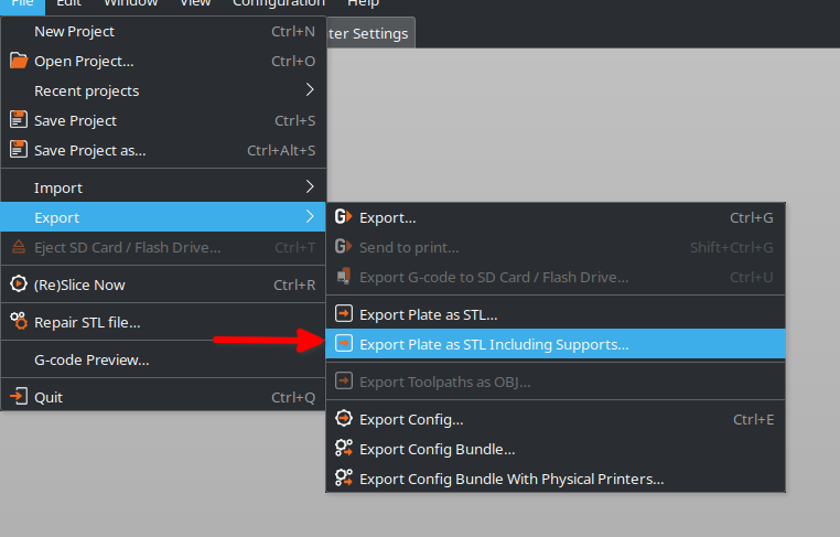 A screenshot of PrusaSlicer's File -> Export -> Export Plate as STL Including Supports option